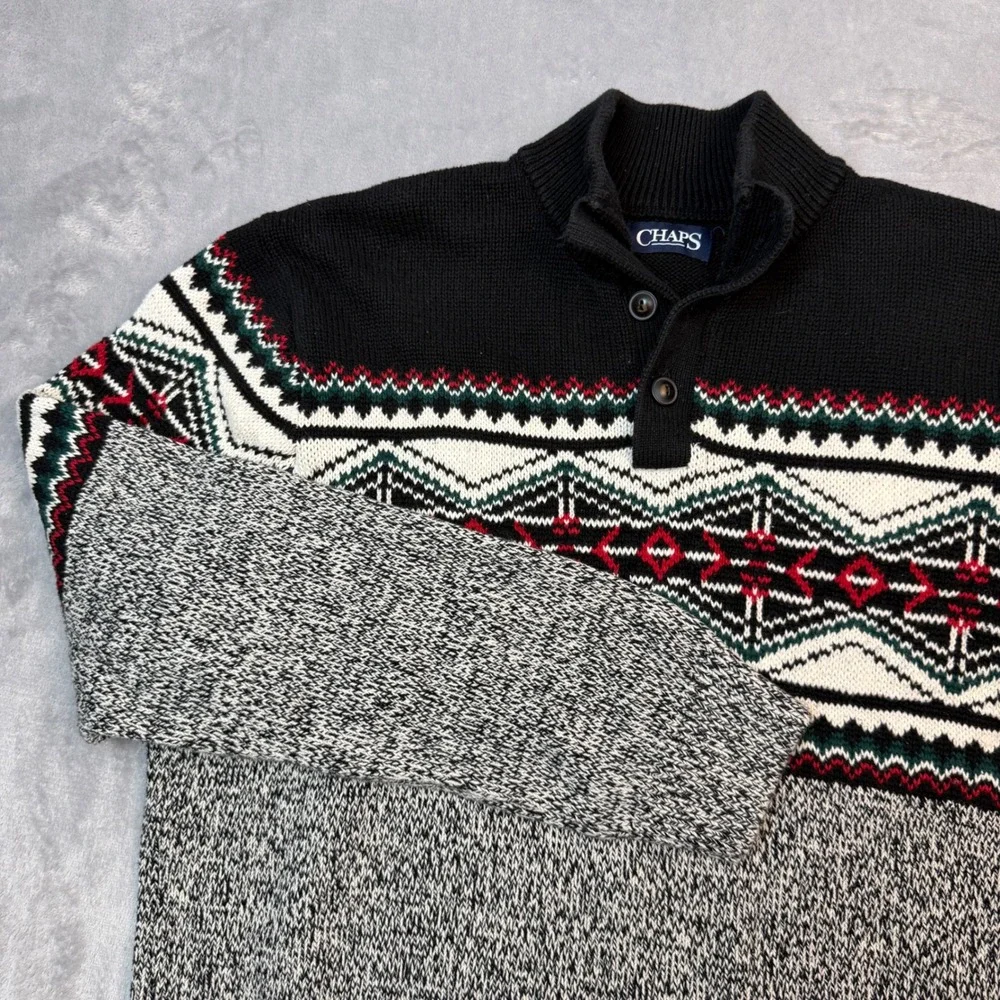 Chaps Sweater Mens Large Black Gray Fair Isle Mock Neck Button Pullover Knit
